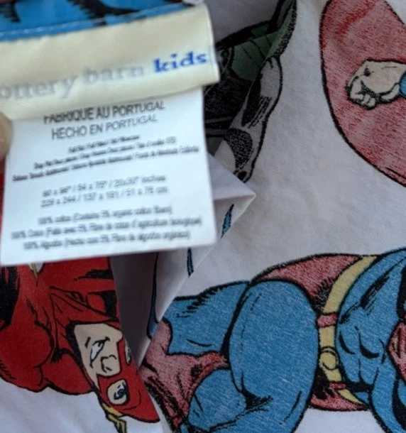Sábana plana Pottery Barn Kids Liga de la Justicia tamaño completo 100 % algodón Batman Superma Foto 3 de 4