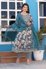 Women Indian Anarkali Blue Printed Kurta With Pant  Dupatta ,Indian Salwar Top