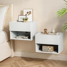 Floating Nightstand Bedroom Bedside Table - Wood Night Stand Set 2 for Small Spa