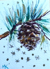 ACEO ORIGINAL watercolor painting - Christmas card - Pine cone  - 2.5x3.5 in MK
