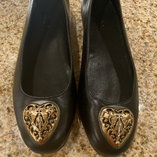 Gucci Women's Black Leather Ballet Flats Gold Heart Logo Slip-On US 7.5