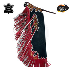 Hombre Negro Rojo Cuero Tooled Bull Riding Chaps Western Fringe Rodeo Gear