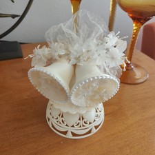 Vintage MCM 50s Floral Bells & Hearts Wedding Cake Topper Satin Toile Plastic