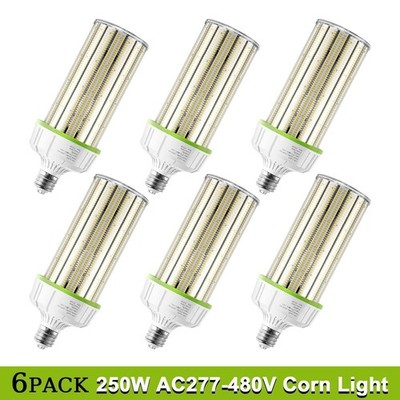 6 Pack 1000W Eq. Garage LED Corn Light Bulb 250W 480V 5000K E39 Large Mogul Base