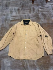 Jesse James Workwear Canvas Jacket Shirt XL Tan Heavy Duty Distressed Hole