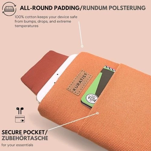 AHOI Padded Cotton Phone Sleeve with Flap Opening - Handmade Phone Case Coral - Picture 6 of 8