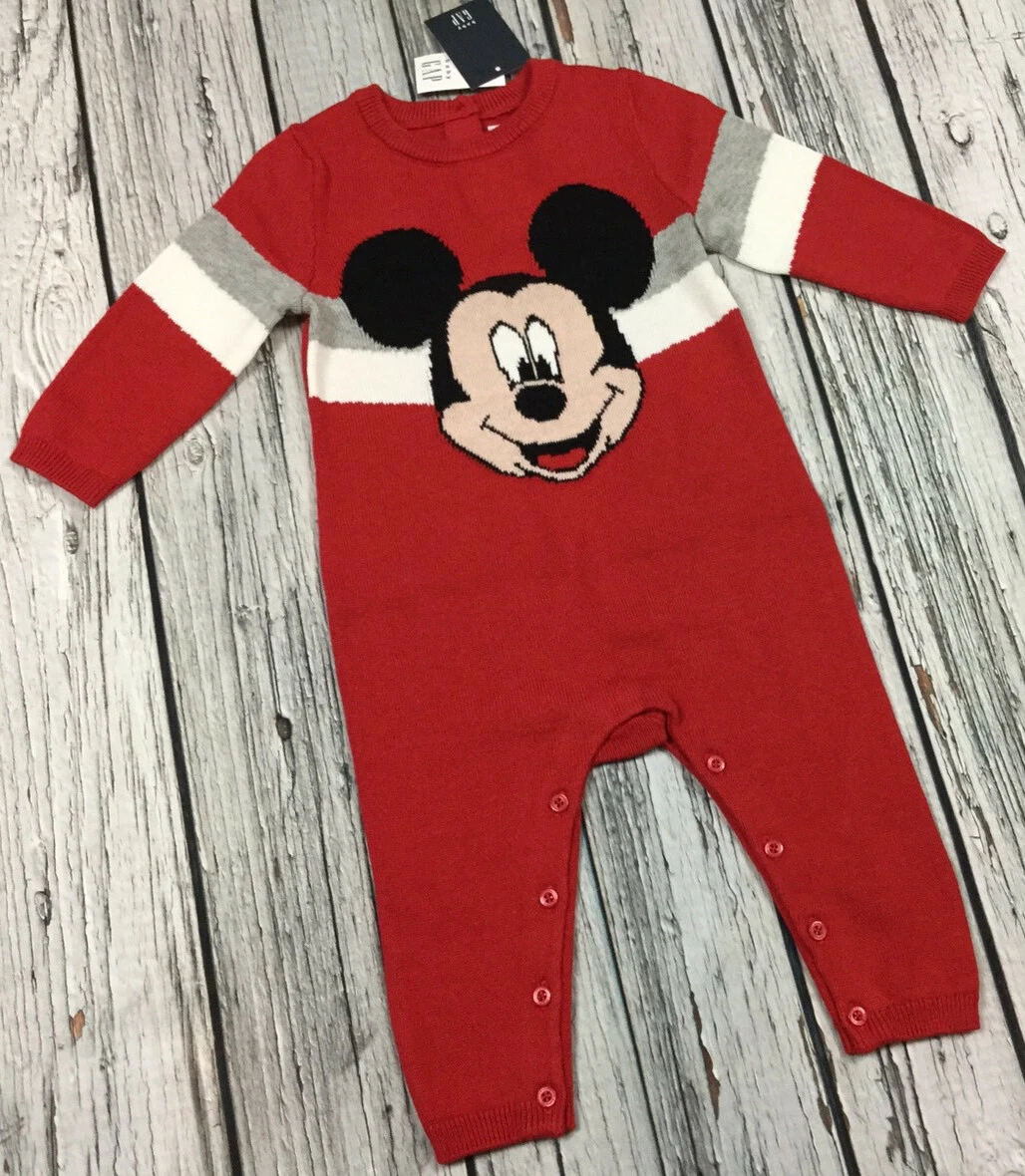 Baby Gap Boys 0 3 Months Red Mickey Mouse Sweater Romper Jumpsuit