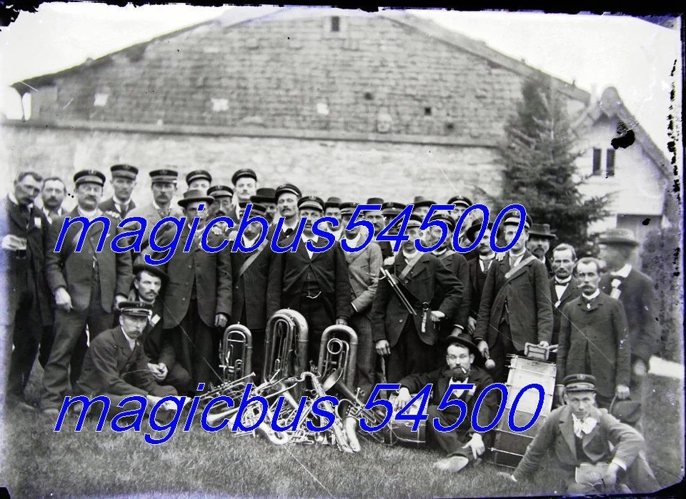 1 x GRANDE PLAQUE VERRE PHOTO NEGATIF FANFARE COMMUNALE Village de la MEUSE 1920 - Photo 1/1