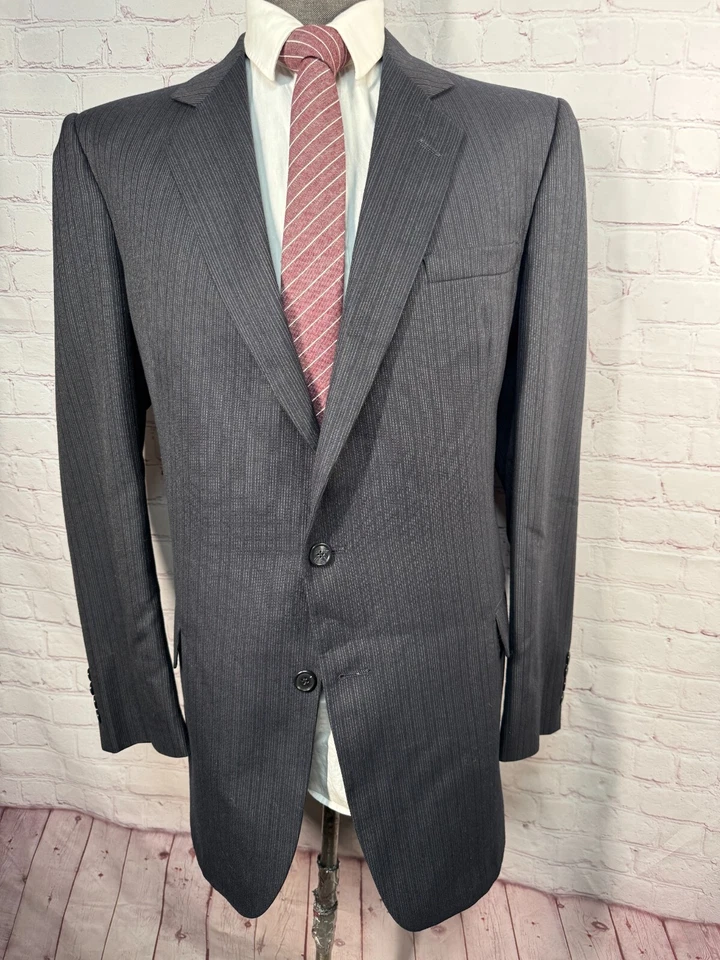 PIERRE CARDIN Mens Black Stripe Wool Flat Front 2pc Suit 41L Jacket 36x29 Pant - Image 2 of 4