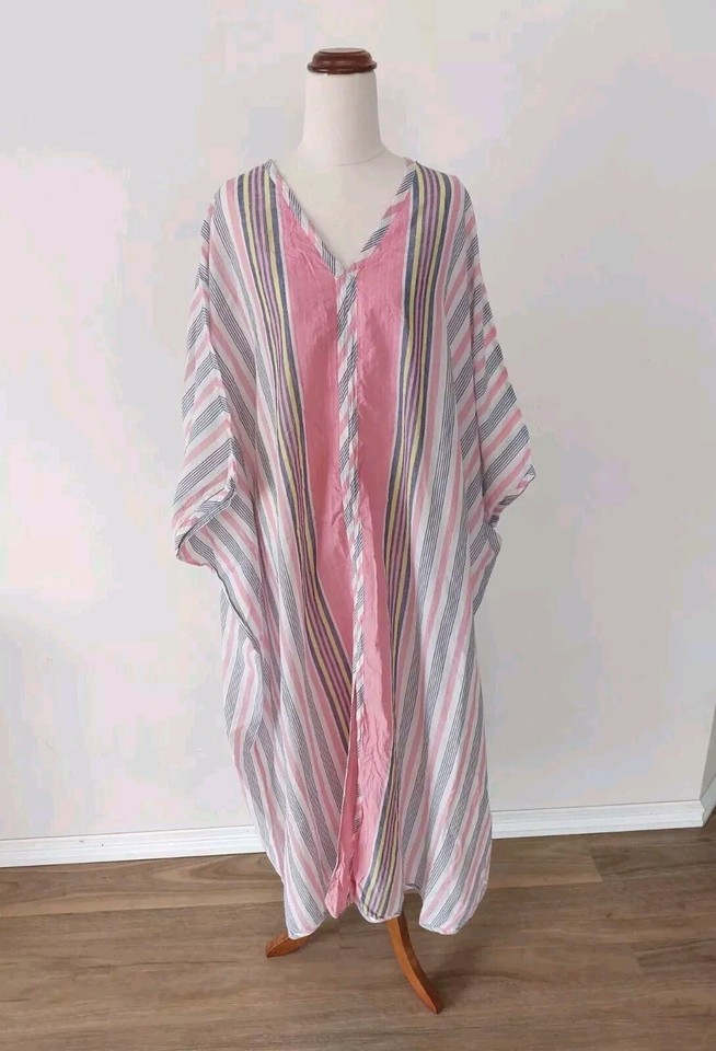 AISH Pink Striped Kaftan Full-Length Maxi Dress One Size Relaxed Oversized Fit