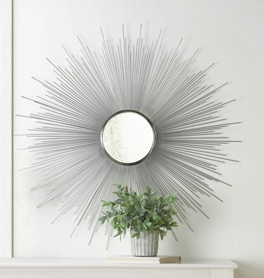 33'' Round Silver Sunburst Wall Mirror Hanging Wall Art Room Patio Home Decor