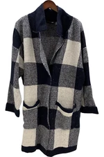 Nina Leonard Women's Long Sleeve Plaid Collared Cardigan Black/Ivory