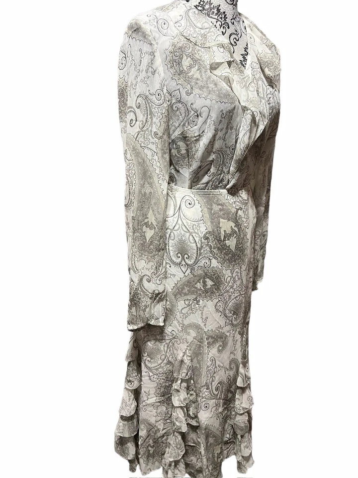 Blusa Falda Emanuel Ungaro 100% Seda Volantes Talla 6 Talla 10 Gris Estampado Paisley Foto 4 de 4