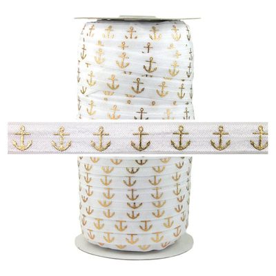 100 Yard Spool - Fold Over Elastic - White Gold Anchors Print - 5/8in Wide - FOE