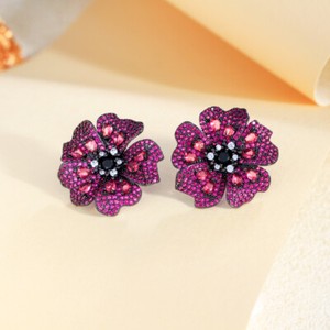 Authentic Women Big Flower Stud Earrings Cubic Zirconia Wedding Black Gold Plated Jewelry