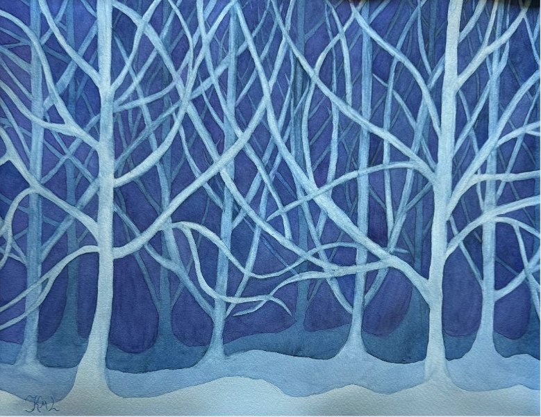 PAINTING WATERCOLOR ORIGINAL ART TREES BLUE WINTER 11X14 DOUBLE WHITE MAT 16X20