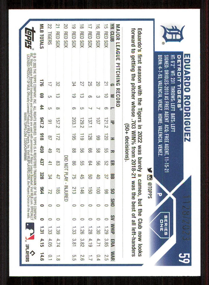 2023 Topps Gold #59 Eduardo Rodriguez /2023 - Image 2 of 2