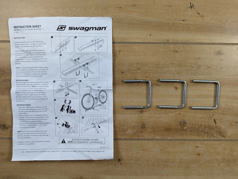 Swagman Upright Roof Mount Bike Rack Replacement Hardware Parts U