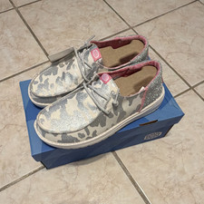Hey Dude Wendy Funk Cow Silver Pink Boat Comfort Shoes Women's US 7 EU 38