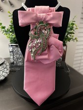 Pink Satin Women's Neck Tie with Decorative pink and green Brooch