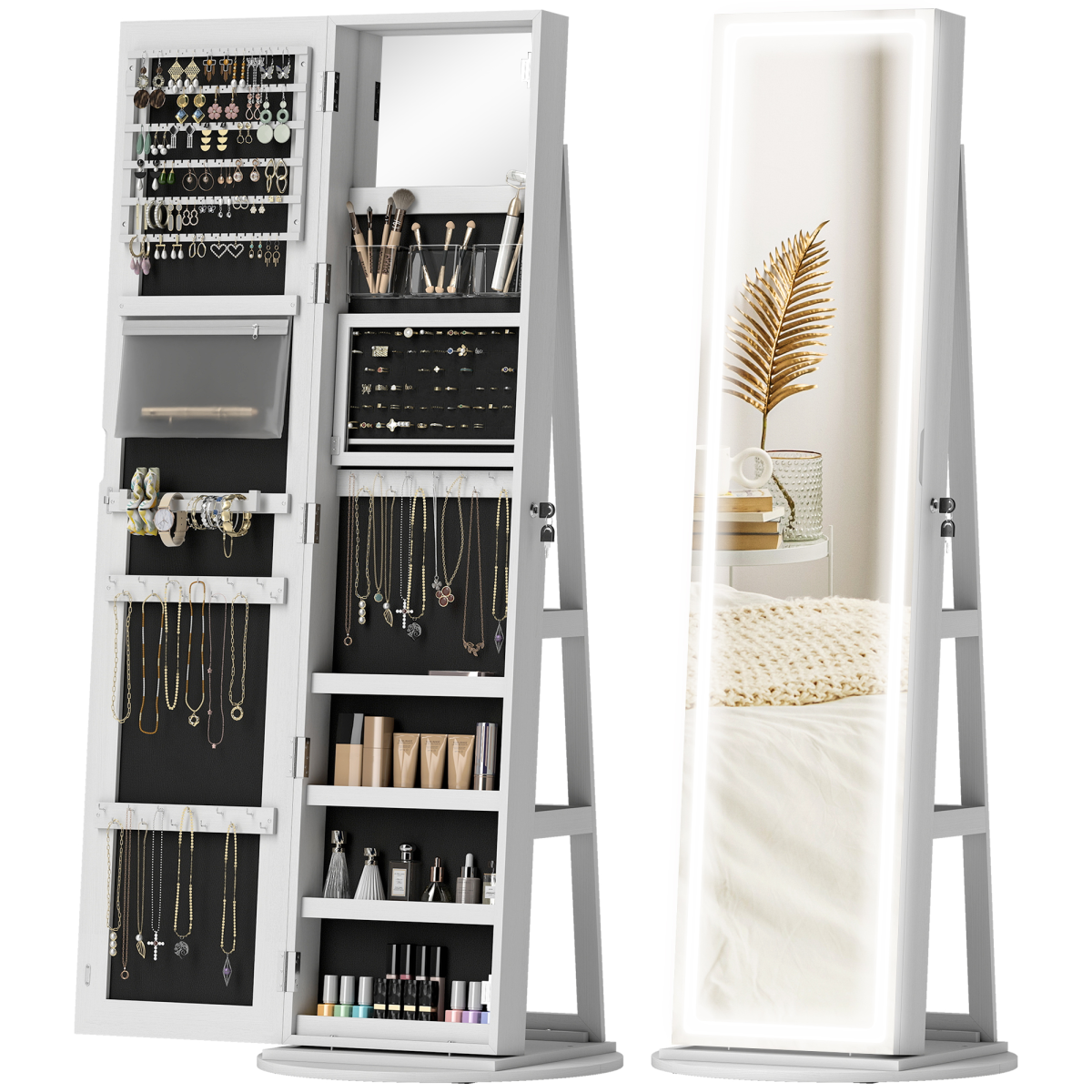HOMCOM 360° Swivel Jewellery Cabinet Full Length Mirror with Storage - White