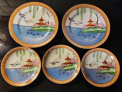 VTG Lusterware Gaudy Blue Willow (2) 7.5'' Plates & (3) 5.5'' Saucers Handpainted