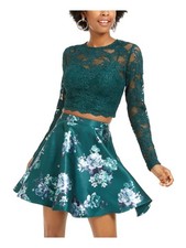 CITY TRIANGLES Womens Fit + Flare Dress Green Long Sleeve Juniors 1