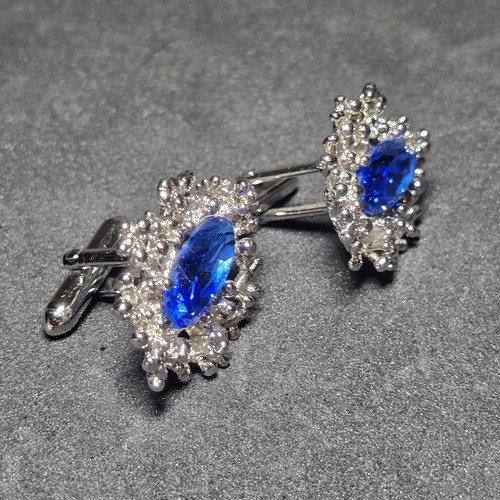 Swank Silver Tone Blue Crystal Cufflinks Cuff Links Unisex Vintage Career Formal - Picture 4 of 6