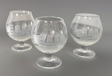 Set of 3 Brandy Cognac Snifter Glasses w/ Etched Clipper Sailing Ship Nautical
