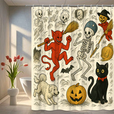 Halloween Shower Curtain with Skeletons, Devil, Pumpkin, and Cat