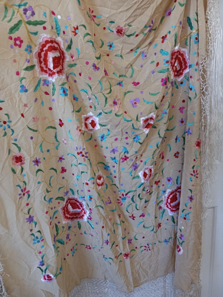 Women's 100% Hand Embroidered Silk Floral Fringe Square Piano Scarf Shawl Boho - Image 2 of 4