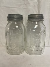 Pair Of Vintage Clear Glass Square Atlas Mason Jars With Metal Lids