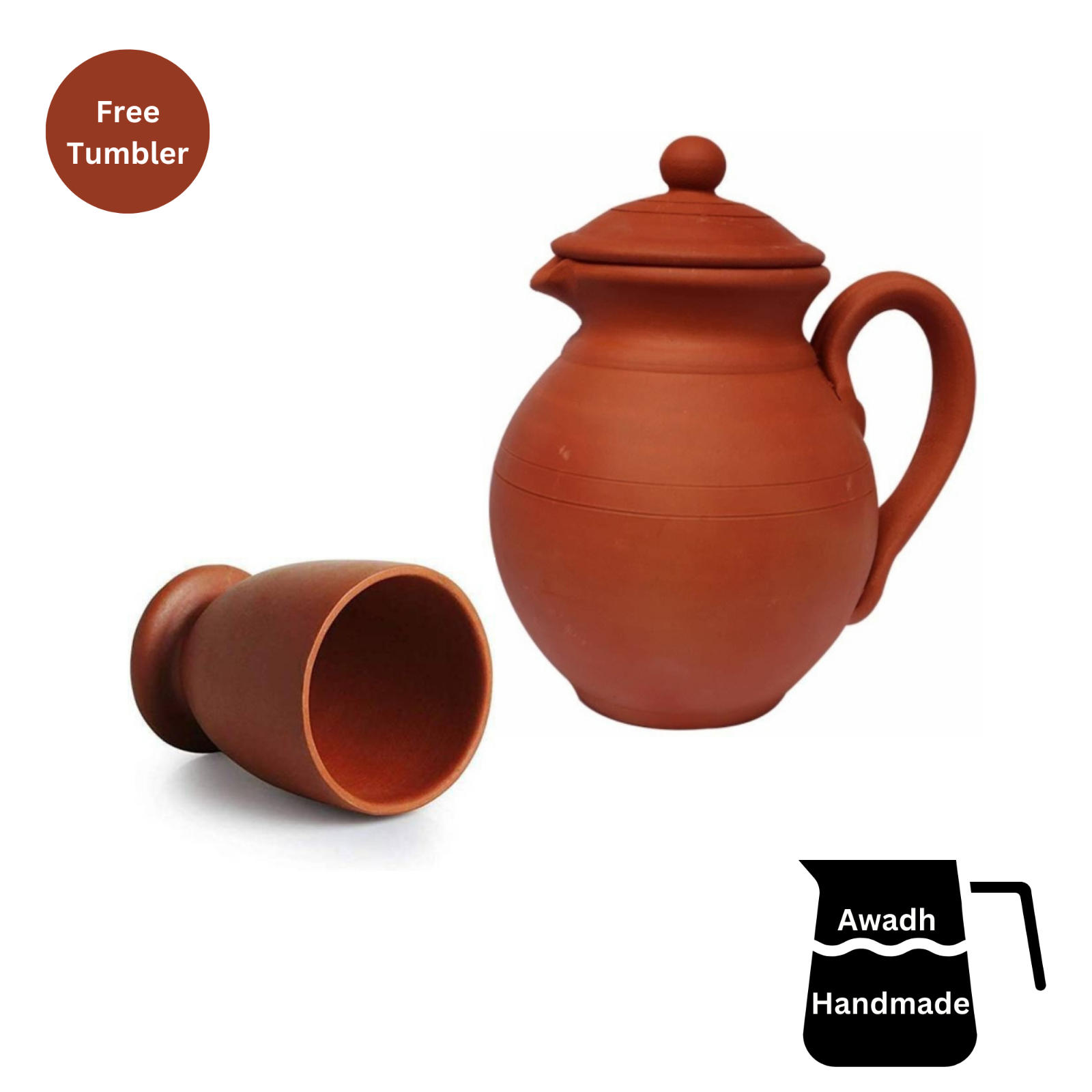 Water Pitcher with Cup Tumbler, Unglazed Clay Water Jug Terra Cotta