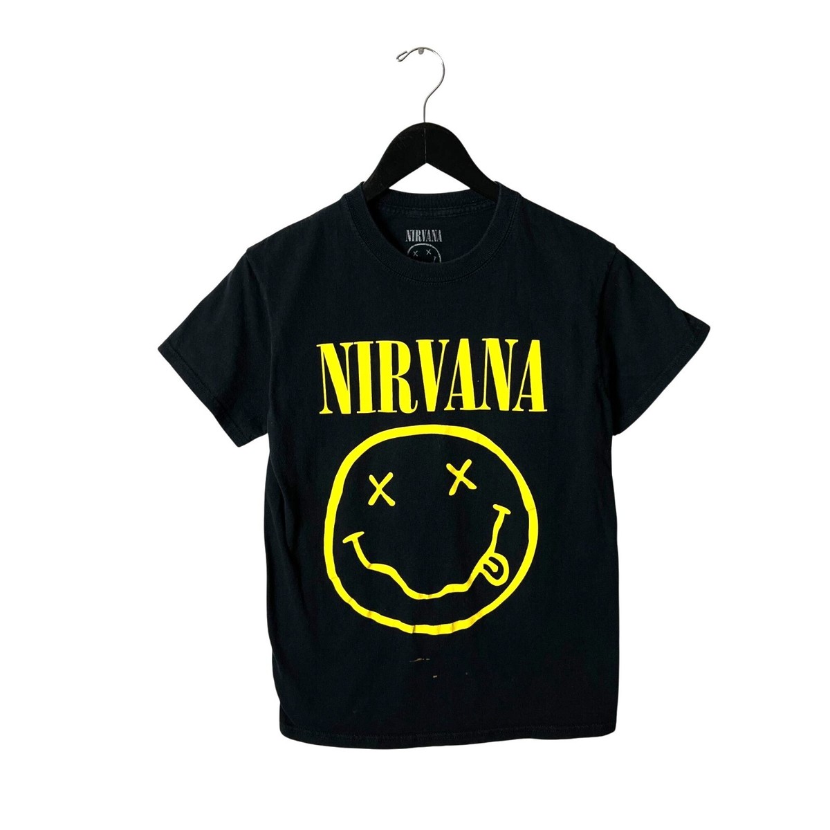 Nirvana Smiley Face Nirvana Band Tee Womens Nirvana Smiley Face Logo  T-Shirt Womens Black Small, image size:1200x1200