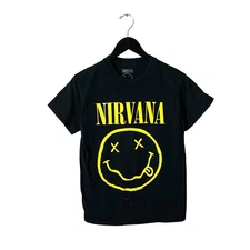 Nirvana Smiley Face Logo T-Shirt Womens Black Small Grunge Rock Band Tee