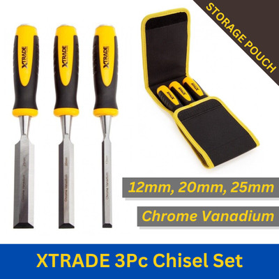 XTRADE 3-teiliges Schrägkantenmeißel-Set 12 mm/20 mm/25 mm mit Aufbewahrungstasche X0900007