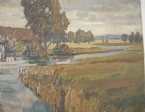 Erwin Steiner (1893-1953) Dorf an Bachlandschaft Öl auf Leinen sign 1927 - Bild 3 von 6
