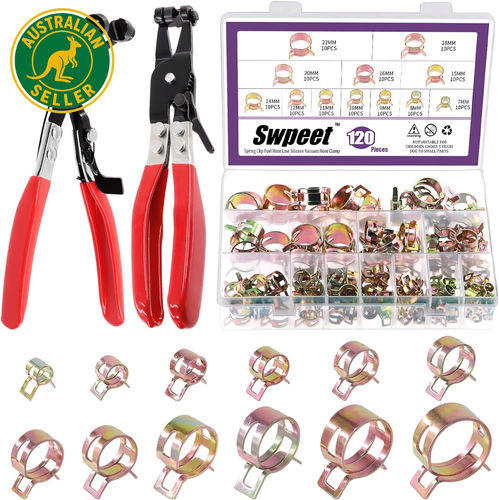 171Pcs 6-25mm Spring Band Hose Clamps With Swivel Flat Hose Clamp Plier Assortment Kit Spring Band Type Fuel Line Silicone Vacuum Hose Steel Clamp Low Pressure Air Clip Clamp