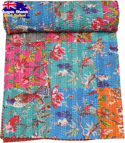 Indian Cotton Patchwork Kantha Quilt Paisley Print Twin 60x90" Multicolor - Picture 5 of 12