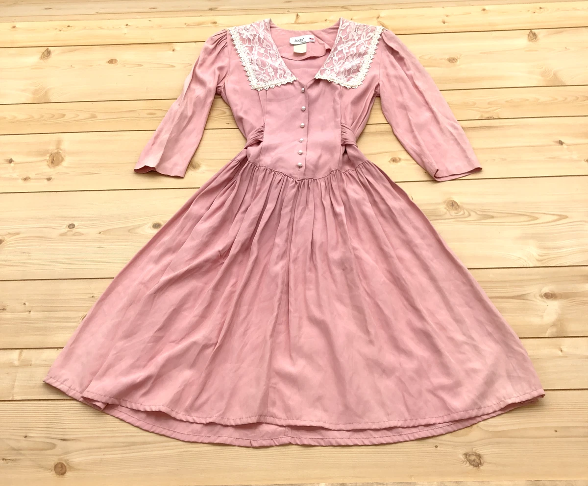 Vintage Jody California Pink Floral Lace Pearl Collar Dress