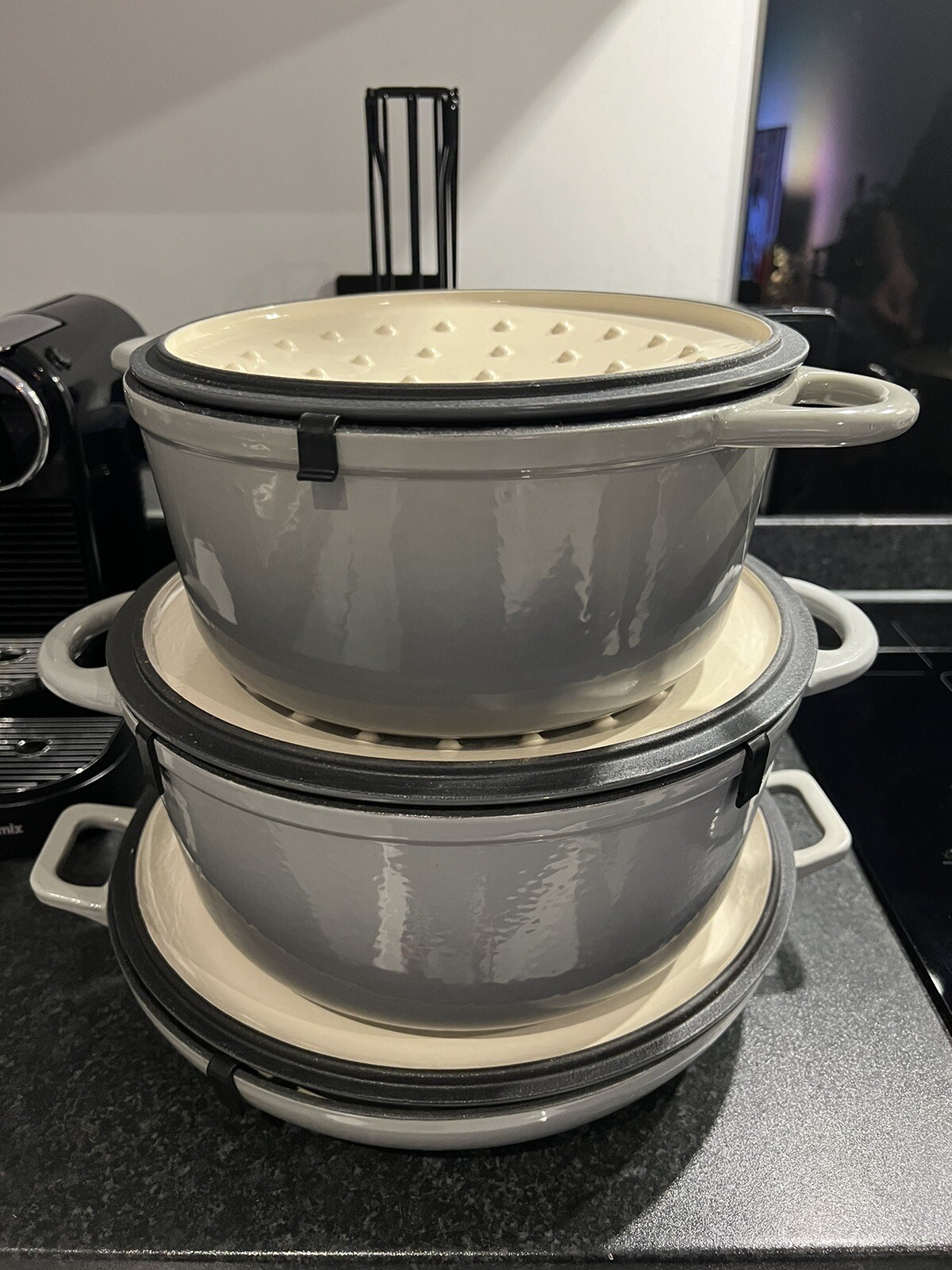 John Lewis Cast Iron Round Casserole, Frost Grey Set 21, 24 ,31 + Pan