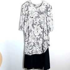 Riccardo Dress,Black & White Flowered Draping Top over Black Pleated Skirt, Sz20