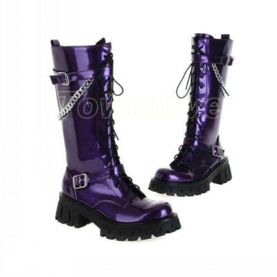 Womens Purple Mid Calf Boots Platform Buckle Lace Up Gothic