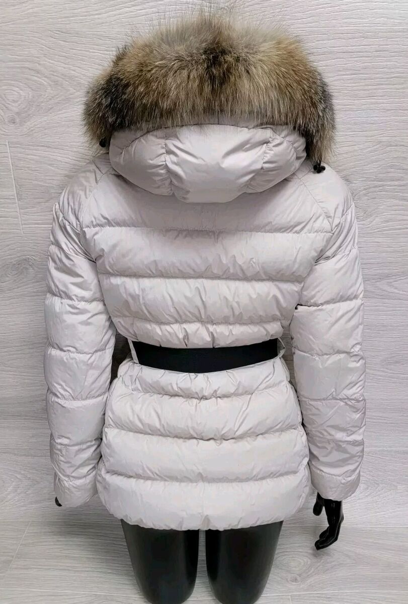 Authentic Moncler Down Jacket Genette Beige Belted Fur Hood Authentic Moncler Down Jacket Genette Beige Belted Fur Hood