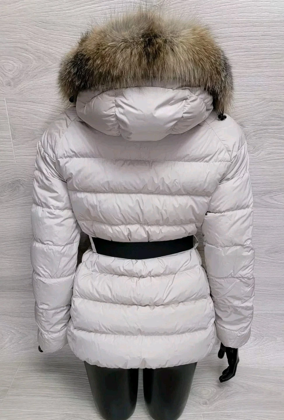 Autentico piumino Moncler Genette beige cintura pelliccia cappuccio puffer donna taglia 1 S