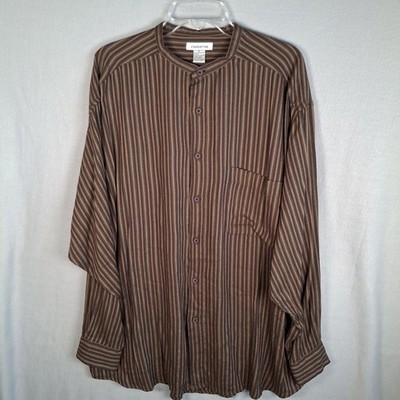 VTG Claiborne Mens XL Band Collar Shirt Brown Striped Cotton Rayon Grandad 90s