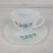 Vintage Fire King Bonnie Blue Cup  Saucer Milk Glass Set