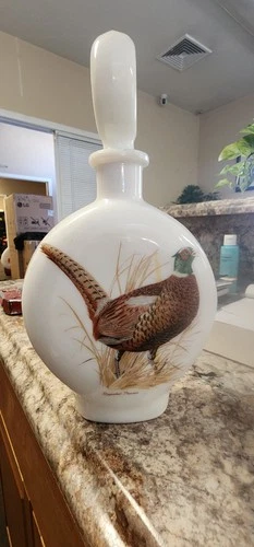 Vtg Field Birds Milk Glass Whiskey Decanter #1 Ringnecked Pheasant JW Dant 1969