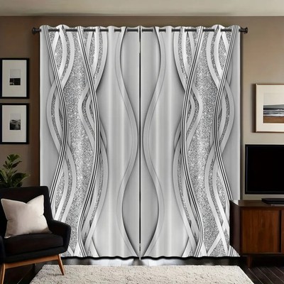 2 Pcs Minimalist Style Curved Lines Art Print Perforated Blackout Curtains Multi