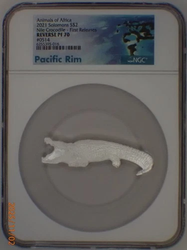 2021 SOLOMON ISLANDS 1 Oz .999 SILVER $2 NILE CROCODILE SHAPED NGC FR REV PF70
